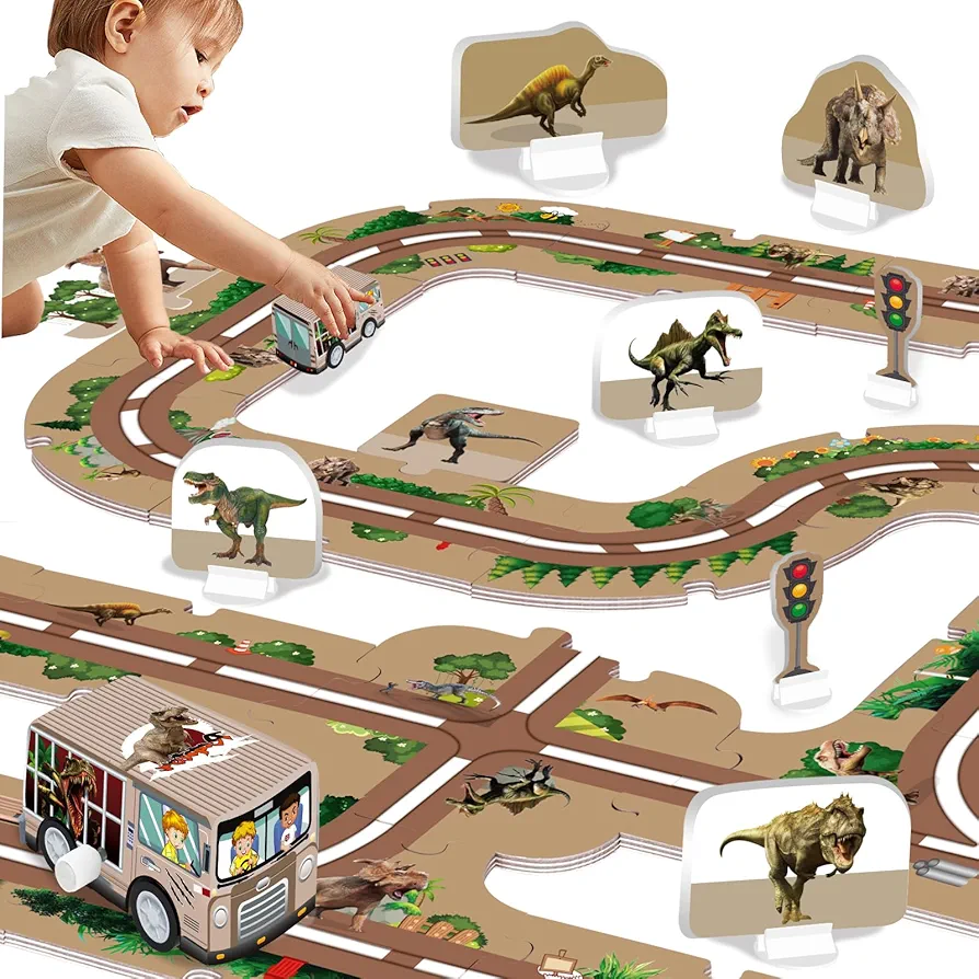 48PCS Dinosaur Puzzle Car Track Set with 2 Vehicles, Toddler DIY Puzzle Car Track, Children's Educational Puzzle Toy, Montessori Toys Gift for 3 4 5 6 7 Year Old Boys Girls