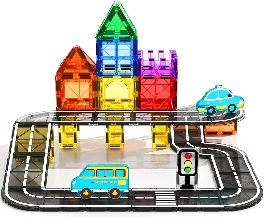 Kids Toys Magnetic Tiles - Road Set with Car Toys for 3+ Year Old Boys & Girls, Magnet Building Blocks Expansion Pack