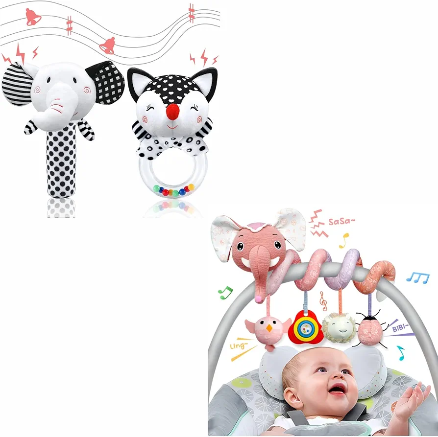 XIXILAND Black and White High Contrast Rattles for Babies 0-6 Months & Car Seat Toys Musical Stroller Toys, Newborn Toys Brain Development Baby Toys for 0 3 6 9 12 Months Girls Boys