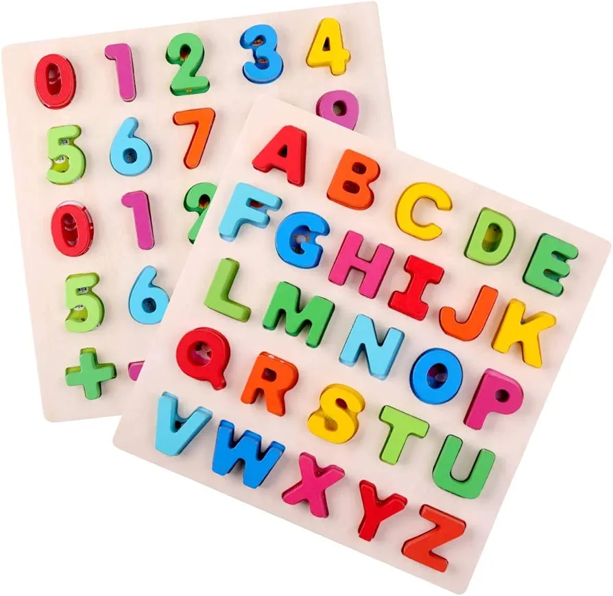 2 in 1 Learning Puzzle Board Alphabet and Number Wooden Puzzle for Preschool Boy and Girl Age 3 4 5 6 Montessori Education Tool Early Education Sorting and Counting Learning Board Gift for Toddler