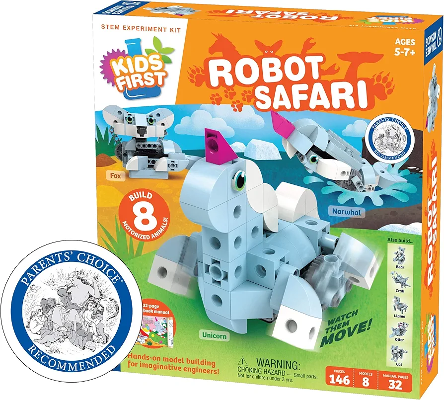 Thames & Kosmos Kids First: Robot Safari - Introduction to Motorized Machines Science Experiment Kit for Ages 5 to 7, Build 8 Robotic Animals Including A Unicorn, Llama, Narwhal & More