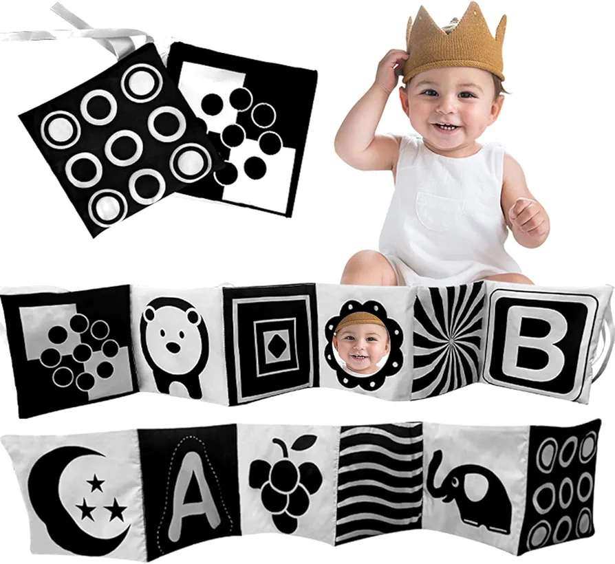 Black and White High Contrast Soft Cloth Baby Books Tummy Time Toys Crinkle Book for Sensory and Brain Development - Non-Toxic, Safe, and Machine Washable Tummy Time Book for Early Development