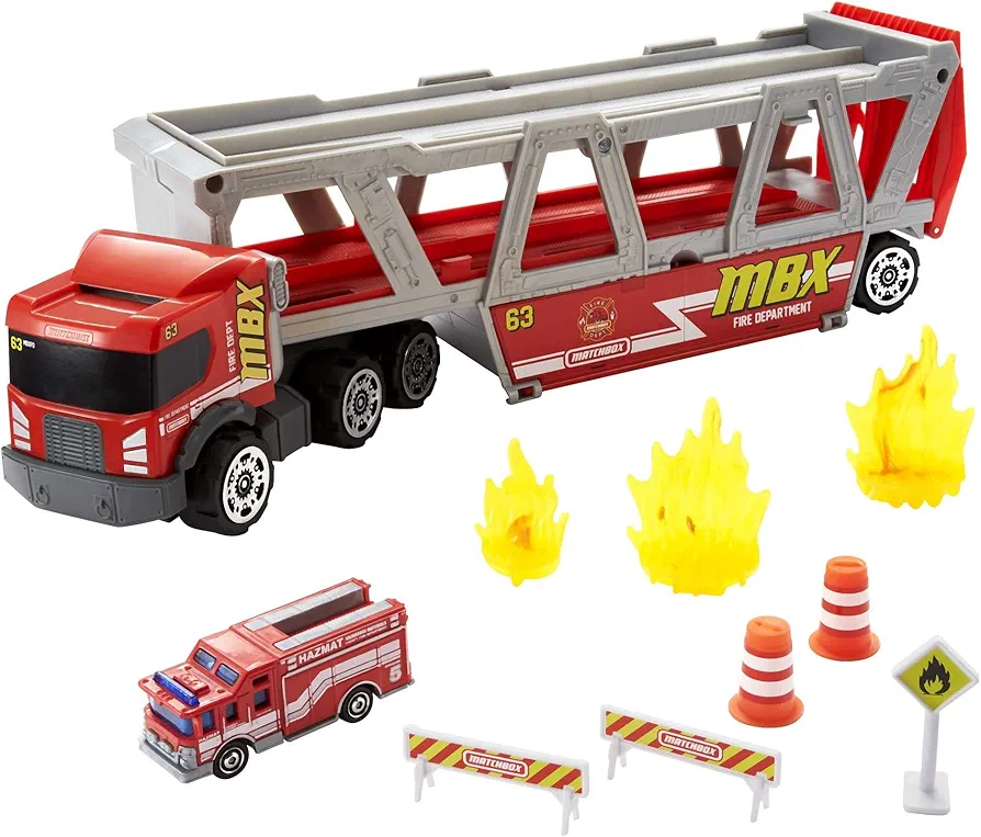 Matchbox Toy Cars, Fire Rescue Hauler Playset with 1:64 Scale Fire Truck & 8 Accessories, Storage for 16 Vehicles