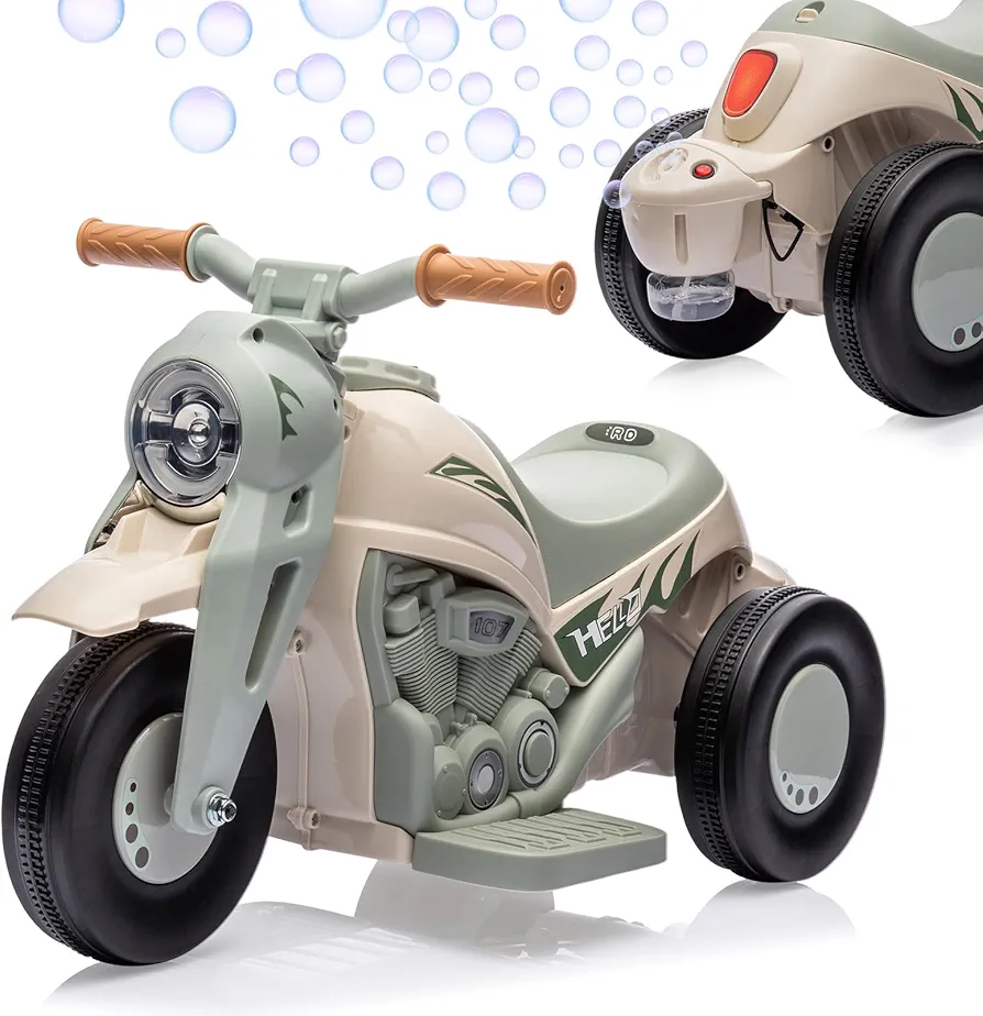 Kids Ride on Bubble Car, Hetoy 6V Battery Powered Ride On Motorcycle Toy w/LED Headlights, Music, Pedal, Forward/Reserve, 3 Wheels Motorbike Electric Bubble Car for Kids 3 and Up Boys Girls, Beige