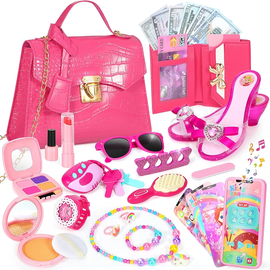 Little Girl Purse, Toddler Purse with Pretend Makeup Set, Hagpo Kids Play Purse Toys with Handbag, Heels, Princess Jewelry, Birthday Toys for Girls Ages 3 4 5 6