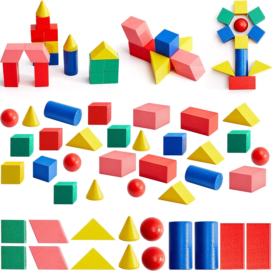 Hiboom 280 Pcs 3D Shapes Geometric Solid for Teaching Wood Mini Geometric Shapes Colorful 3D Shapes Education Blocks Classroom Manipulatives Blocks for Geometry Math Learning Kindergarten Preschool