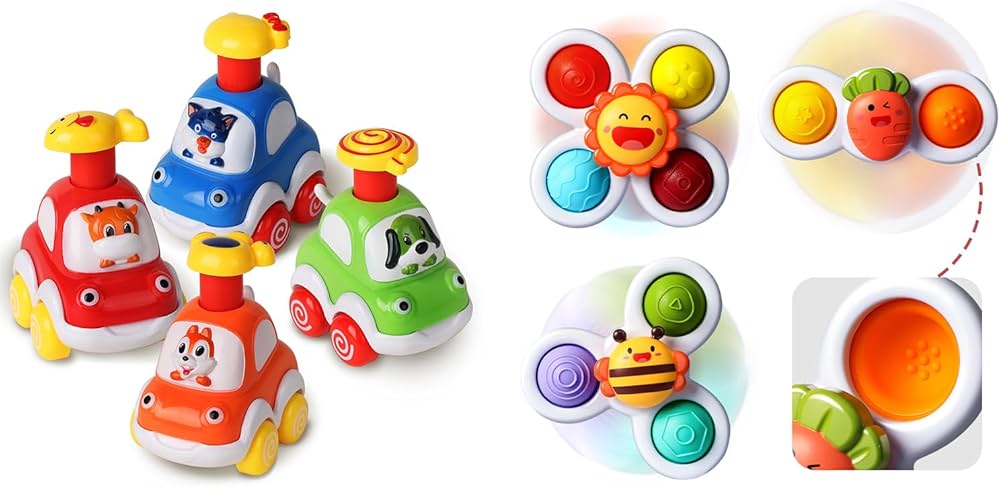 ALASOU 4 PCS Animal Car Toys and 3 PCS Suction Cup Spinner Toys for infant and toddlers