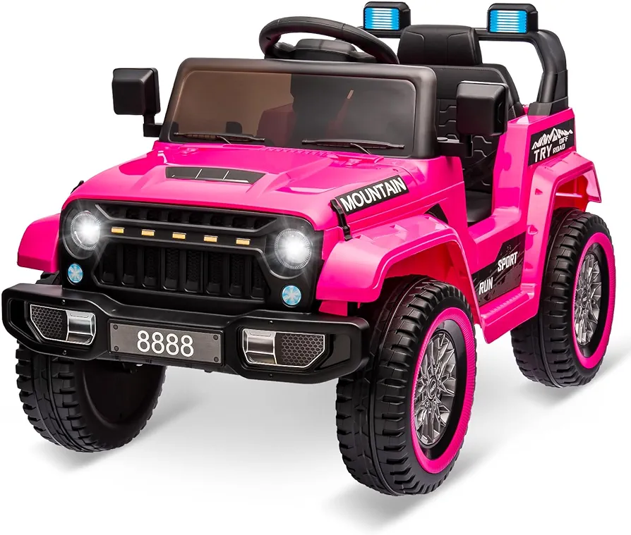 Kids Ride On Truck Car, 12V Battery Powered Electric Car w/Parent Remote Control, Spring Suspension, 3 Speeds, LED Lights, Music & Horn, Kids Electric Vehicles Toy Gift for Boys Girls, Pink