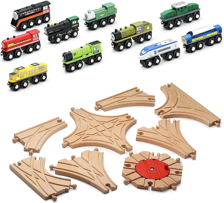 SainSmart Jr. Wooden Train Accessories Set, 10 PCS Magnetic Trains with 8 PCS Tracks Kit, Compatible with All Major Brands, Gift for Toddlers, Boys, and Girls Aged 3+