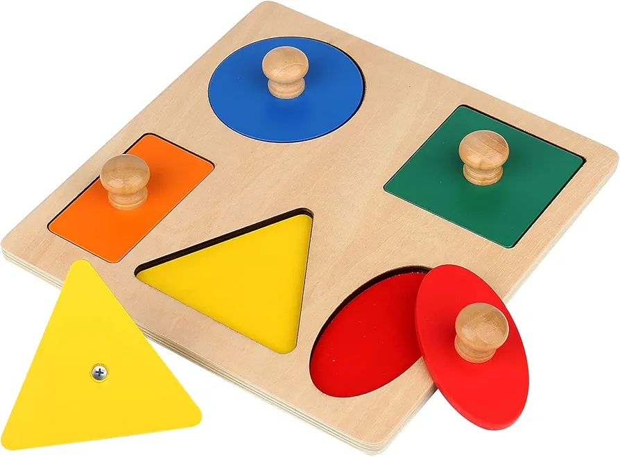 Montessori Wooden Puzzle Board Knob Wooden Puzzle Geometric Shape Puzzle Early Education Material Sensorial Toy for Toddler Shape & Color Sorter (5 geometry shape)