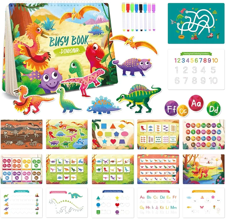 Educational Learning Toys Play Set Gift for Boys Girls, Reusable Reward Sheet Activity Stickers Enlightenment Book Quiet Book,Waterproof Static Preschool Education Exercise Book[Dinosaurs Theme]