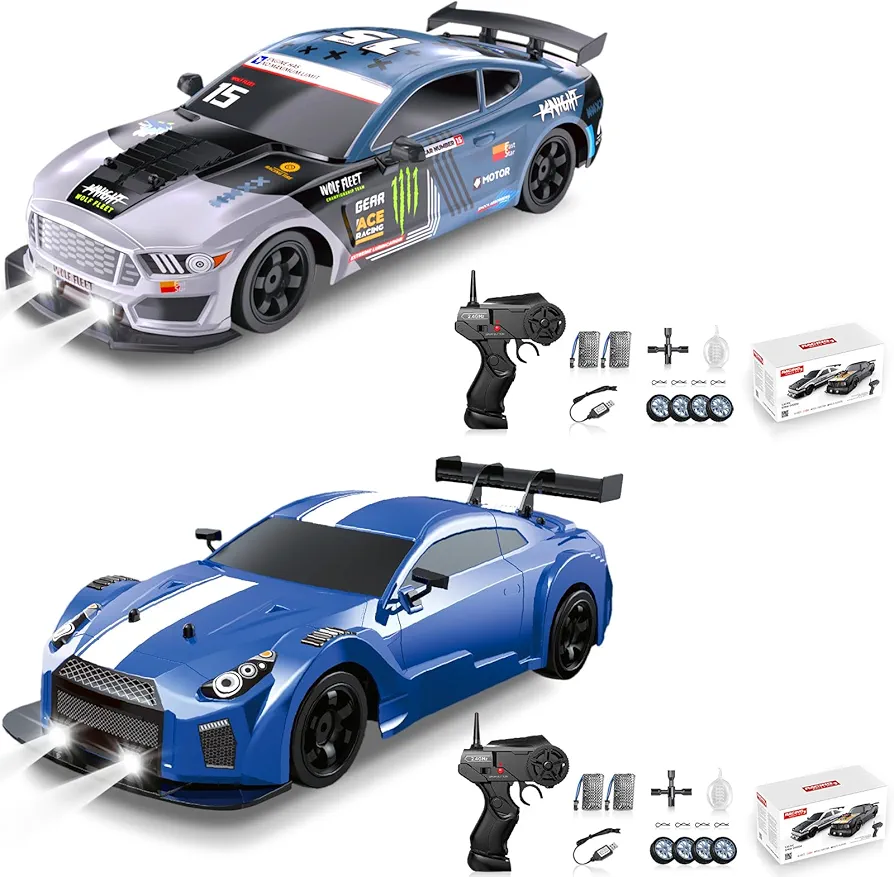 2PCS RC Drift Cars 2.4GHz 1:16 Scale 4WD High Speed Remote Control Cars with LED Lights Two Batteries and Drifting Tires Racing Sport Toy Cars for Adults Boys Girls Kids Gift