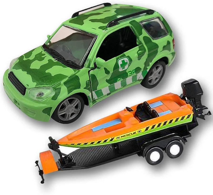 ArtCreativity SUV Toy Car with Trailer and Speedboat set for Kids, Interactive Jungle Play Set with Detachable Speed Boat and Opening Doors on 4 x 4 Toy Truck, Best Birthday Gift for Boys & Girls