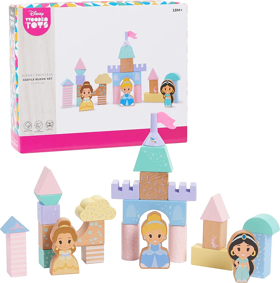 Disney Wooden Toys Princess Castle Block Set, 25-Pieces Include Cinderella, Belle, and Jasmine Block Figures, Officially Licensed Kids Toys for Ages 18 Month by Just Play