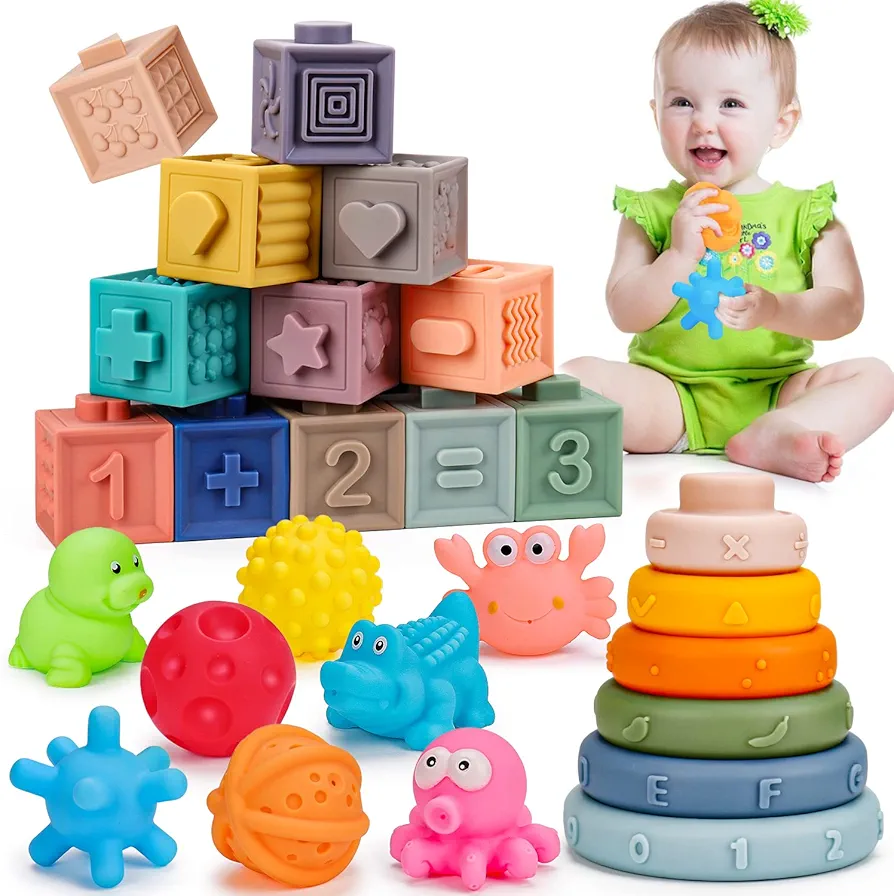 3 in 1 Soft Baby Sensory Toys 6-12 month Montessori Toy 1 2 Year Old Infant Teething Toy Stacking Block Ring Balls Easter Basket Baby Gift Bath Toy Developmental Learning Toy for Toddler 12-18 Months