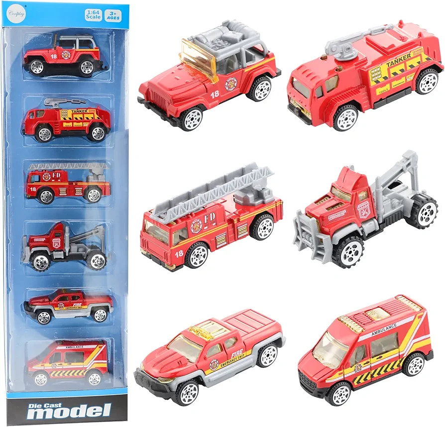 BenRich 6Pcs Mini Die Cast Car 1/64 Scale Alloy Fire Truck Vehicle Metal Model Toy Set, Ladder Truck, Water Tower Truck, Ambulance, Transport Car, Patrol Car, Model Toys for Boys Girls