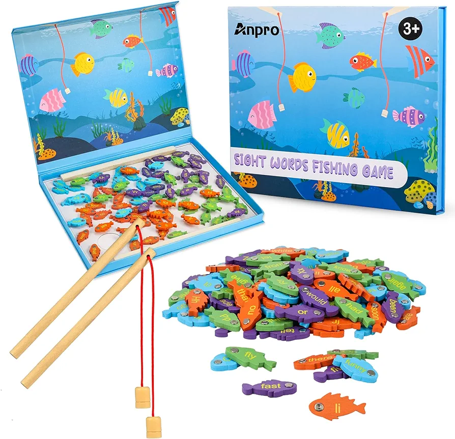 Anpro Wooden Magnetic Fishing Sight Words Game Learning, Alphabet Puzzle Flashcards Montessori Toys with 2 Play Modes, Homeschool Sight Word Educational Toy for Preschool 3 4 5 Year Old Kids