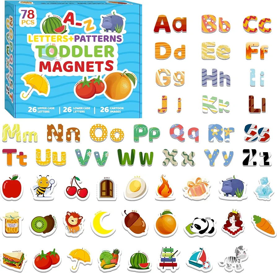 78 Pack Magnetic Letters Fridge Magnets for Toddlers 1-3,Learning Toys,Cardboard Magnets for Refrigerator Alphabet Toys Baby Educational Toys-26 Uppercase&Lowercase Letters,26 Object Patterns