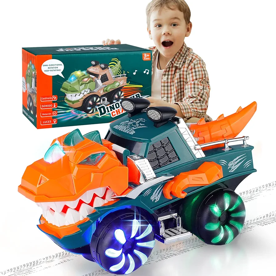 Dinosaur Toys for Kids 3-5, Dinosaur Car Toy for Boys Girls Monster Truck with Flashing Lights Music Roaring Sound Dino Toddler Light up Car Toys Christmas Birthday Gifts Ages 3+