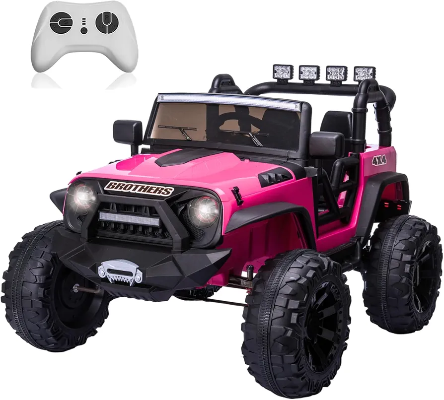 24V Ride on Car Truck w/Remote Control, 2 Seater Battery Powered Cars for Kids, 4x200W Strong Motor Electric Ride on Toys for Girls, 4 Shock Absorbers, Bluetooth Music 3 Speeds, Hot Pink