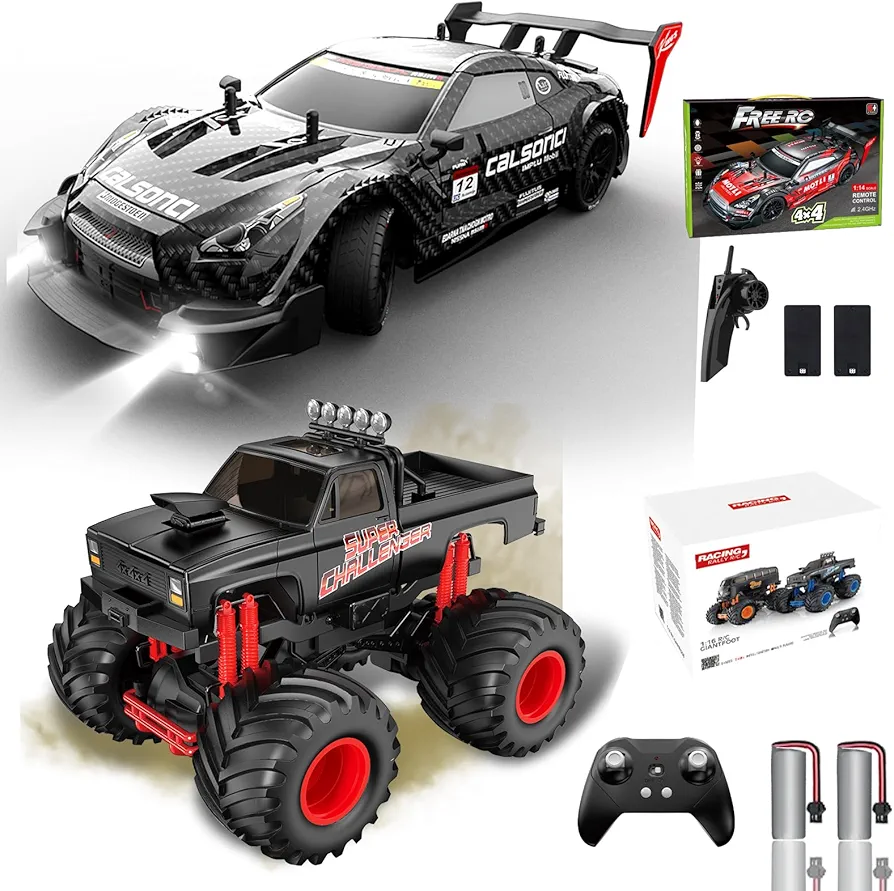 Remote Control Car RC Drift Car 1:16 Scale + RC Monster Trucks 1:16 Scale 2.4GHz Off Road Truck for Boys High Speed Racing Sport Toy Car for Adults Boys Girls Kids Gift 2Pcs Rechargeable Batte