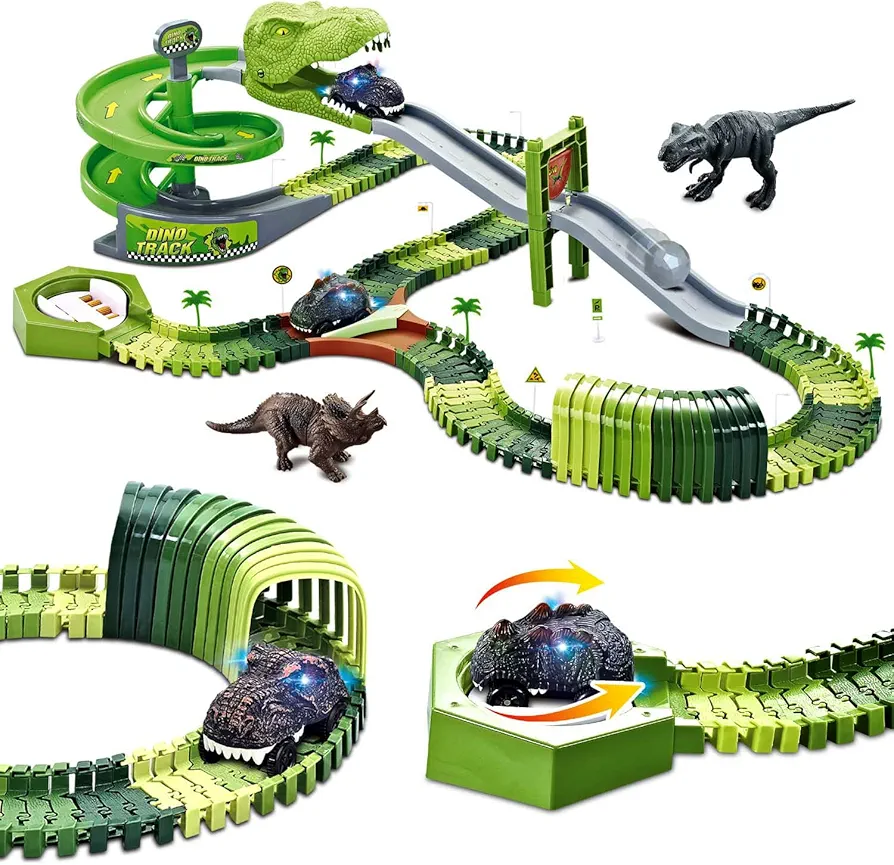 Dinosaur Toys Flexible Race Track Toy Set 166 PCS with 2 Dinosaur Cars, Rotary Tower, Slide, Tunnel, U-Turn Station, 2 Dinosaur Figures, Toy Vehicle Playset, Gift for Kids Boys Girls Ages 3+