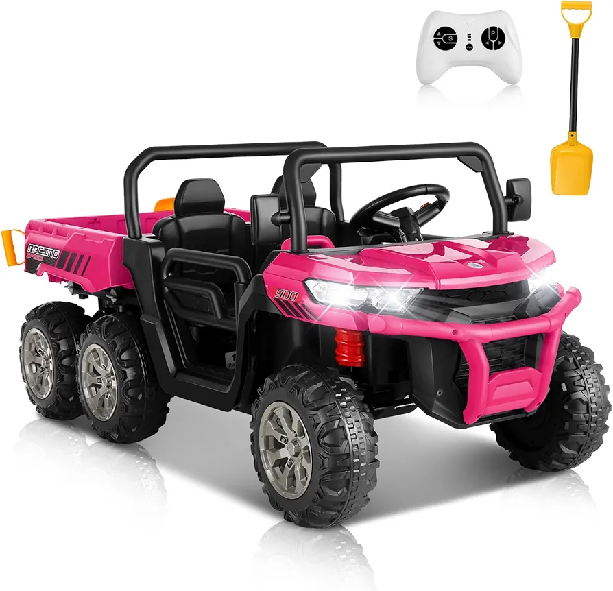 Hikole 24V Ride On Dump Truck 2 Seater, XXL, 6 Anti-Slip Wheelers, Kids Electric UTV with Dump Bed, Shovel, Music Player, LED Light, 4 Wheels Suspension, 5 MPH, Ride on Car for Girls 3-8, Pink