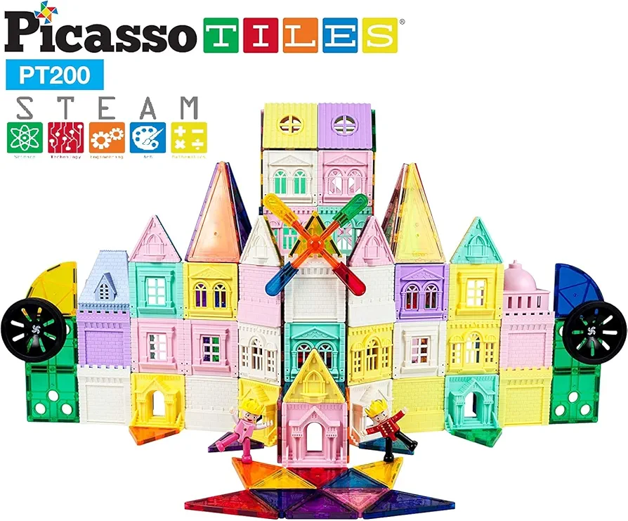 PicassoTiles 200 PCs Magnetic Tiles Castle Theme with 2 Figures Character Car and Windmill Set STEM Educational Playset for Kids Multicolor Toy Magnet Building Block for Boys and Girls Ages 3+