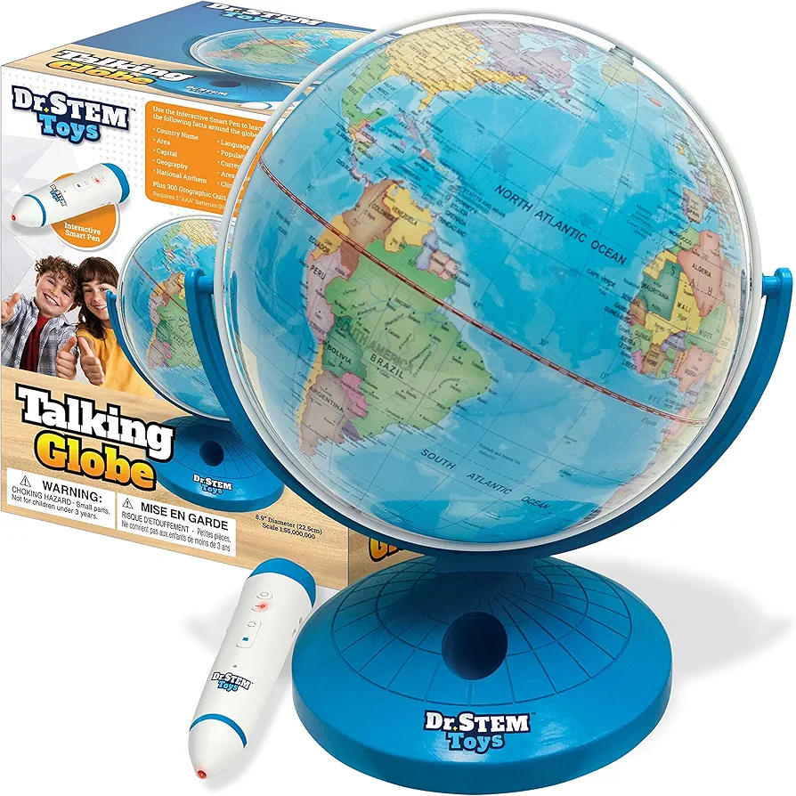 Dr. STEM Toys Talking World Globe with Interactive Stylus Pen and Stand, Colorful Map for Early Learning and Teaching - Includes Trivia, Q&A, and Music - 9 Inches in Height, Ages 6+