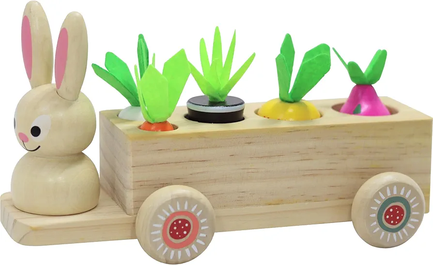 | Wooden Rabbit Pull Cart Farm Toy with Removeable Vegetables for Toddlers | Kids Montessori Easter Bunny Shape Sorting Car