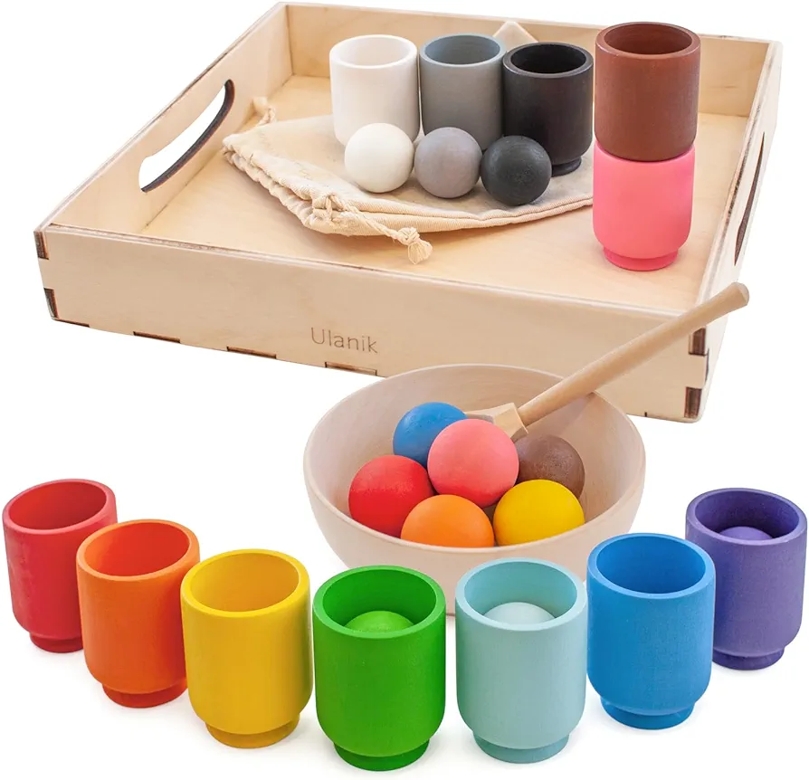 Ulanik Balls in Cups Toddler Montessori Toys for 1 Year Old + Kids Preschool Wooden Matching Games for Learning Color Sorting and Counting