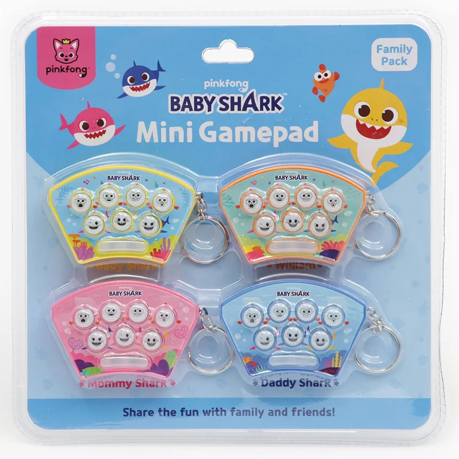 Baby Shark Mini Gamepad Family Pack of 4, Baby Shark Toys, Fidget Toys, Sensory Toys, Interactive Toys for Toddlers, Kids, Teens, and Adults, Party Favor Gifts for Friends & Families