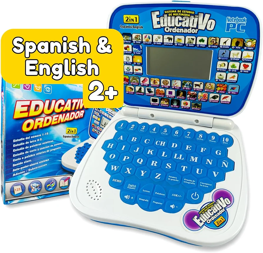 Spanish & English Small Talking Laptop Toy for Kids 2 3 4 Years Old, Learn Spanish Alphabet Numbers Words Spelling Math, Interactive Bilingual Learning Laptop Toys for Toddlers