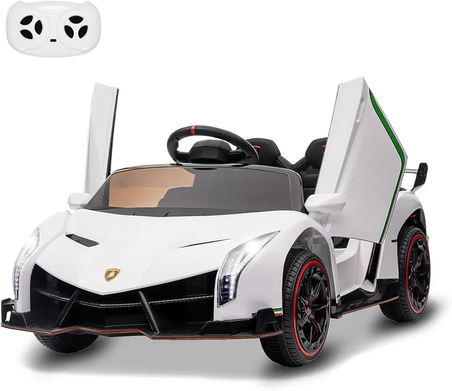 12V Ride on Car, GAOMON Licensed Lamborghini Veneno Electric Car for Kids w/Remote Control, 3 Speeds, Hydraulic Doors, Led Headlights, Rocking & Music, Battery Powered Sports Car for Boys Girls, White