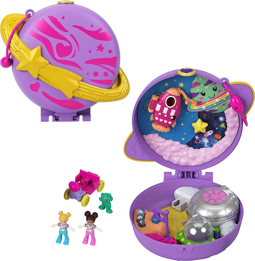 Polly Pocket Playset, Travel Toy with 2 Micro Dolls, Toy Car & Surprise Accessories, Saturn Space Explorer Compact