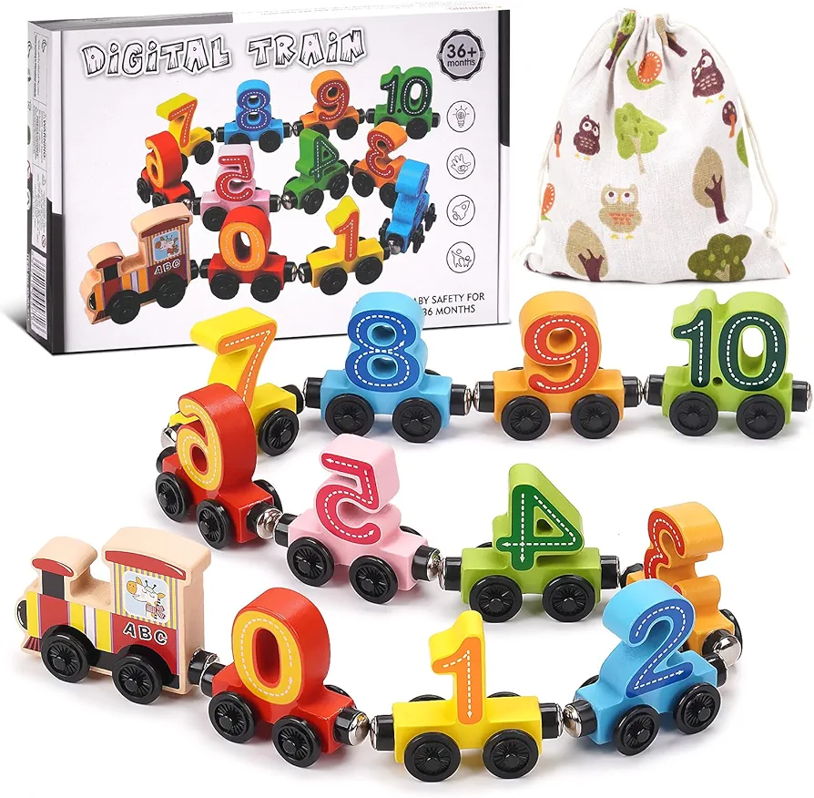 Number Train Toys Set for Toddlers 1 2 3 4, Magnetic Wood Train Educational Toy Cars for Toddlers Montessori Learning Toys for Boys and Girls