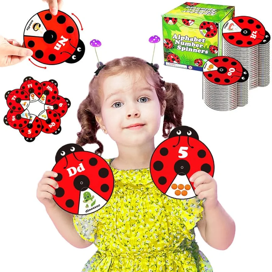 36pcs Alphabet Number Spinner Learning Toy,Ladybug ABC Letter Spinning Flash Card Game,Interactive Montessori Educational Toys for Kids,3 4 5 Year Old Preschool Toddlers