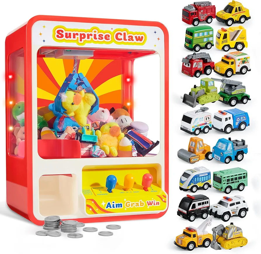 JOYIN 18 Piece Pull Back City Cars and Trucks Toy Vehicles Set Model Car, Claw Machine Arcade Toy with LED Light & Adjustable Sound