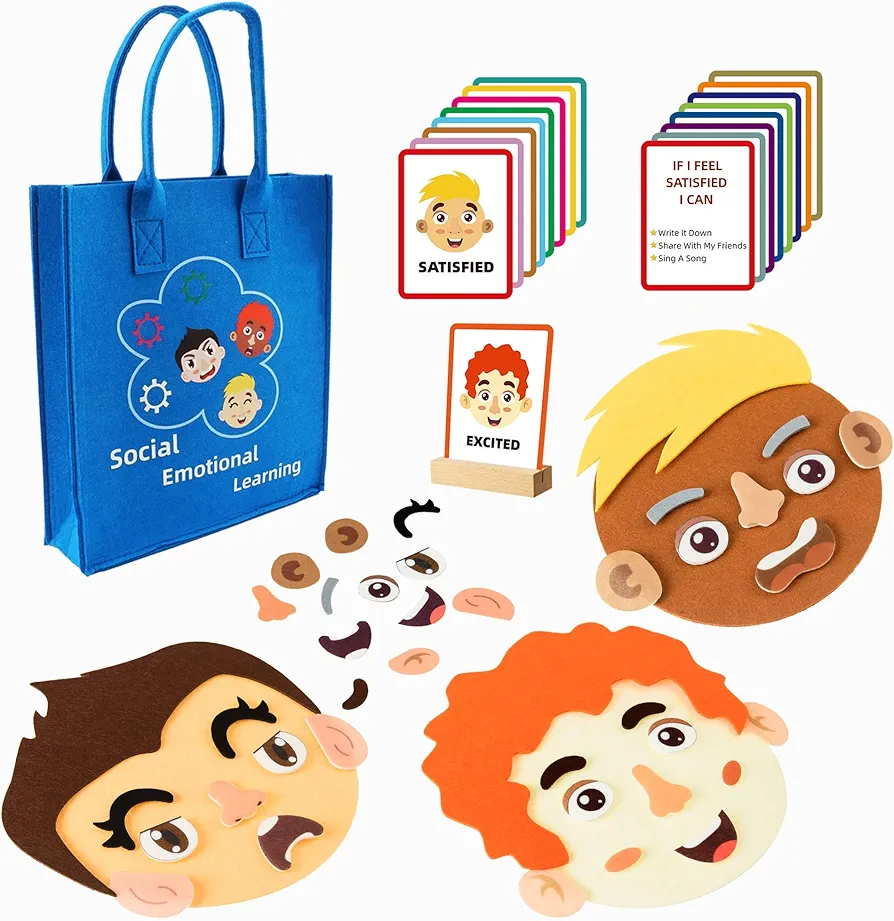 Social Emotional Learning Activities，Preschool Social Emotional Toys for Kids, 16Pcs Emotion Feelings Cards and 3 Set Faces, Learning Faces Toys for Preschool Learning Activities