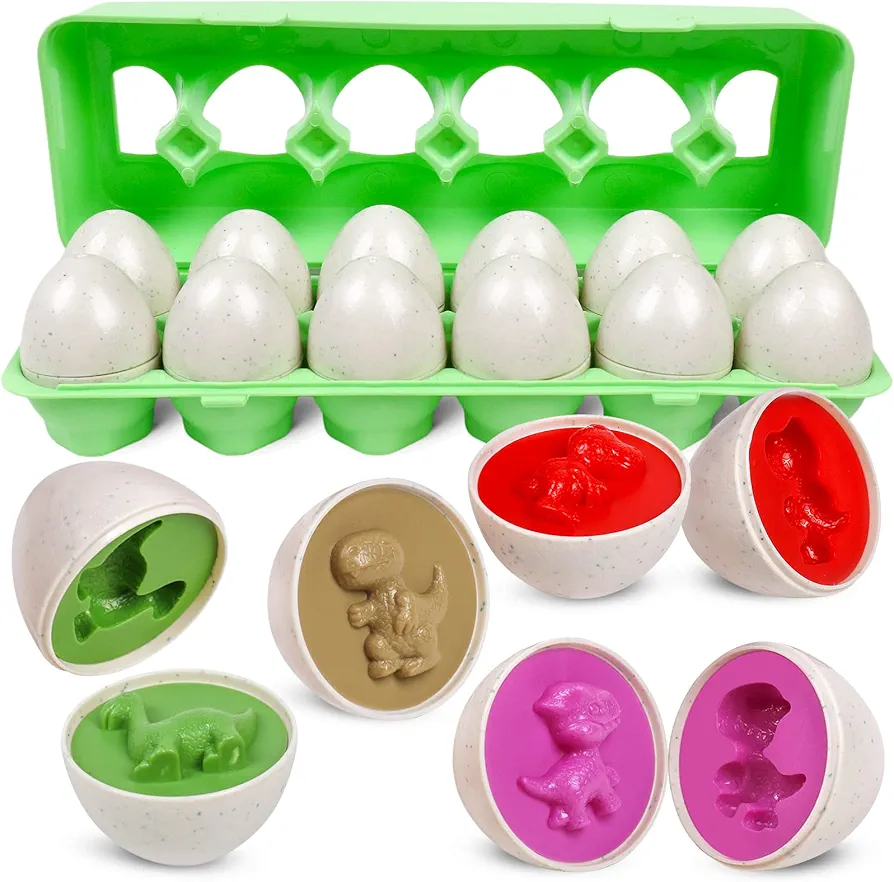 Easter Dinosaurs Matching Eggs for Toddlers,12 pcs Set Color & Shape Egg Puzzle Toy Montessori Educational Fine Motor Skill Development Gifts for 2 3 4 Years Old Kids Boys Girls