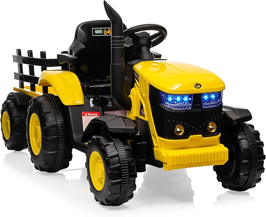 Kids Ride on Tractor with Trailer & Remote Control, 12V Battery Powered Electric Ride on Toy, 35W Dual Motors, Spring Suspension, 6 Wheels, Music USB, Gift for Boys and Girls, Yellow