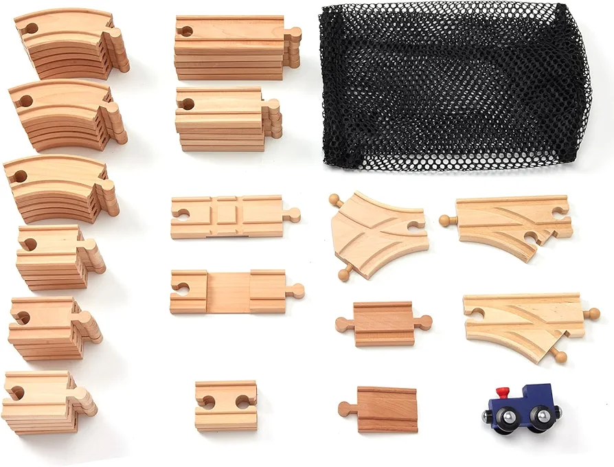 Wooden Train Track Set 53pcs Wood Train Tracks Accessories Expansion Pack fits Melissa and Doug, fits Brio, fits Thomas, Montessori Toys, Christmas Birthday Gift for Boys Girls Toddler Kids