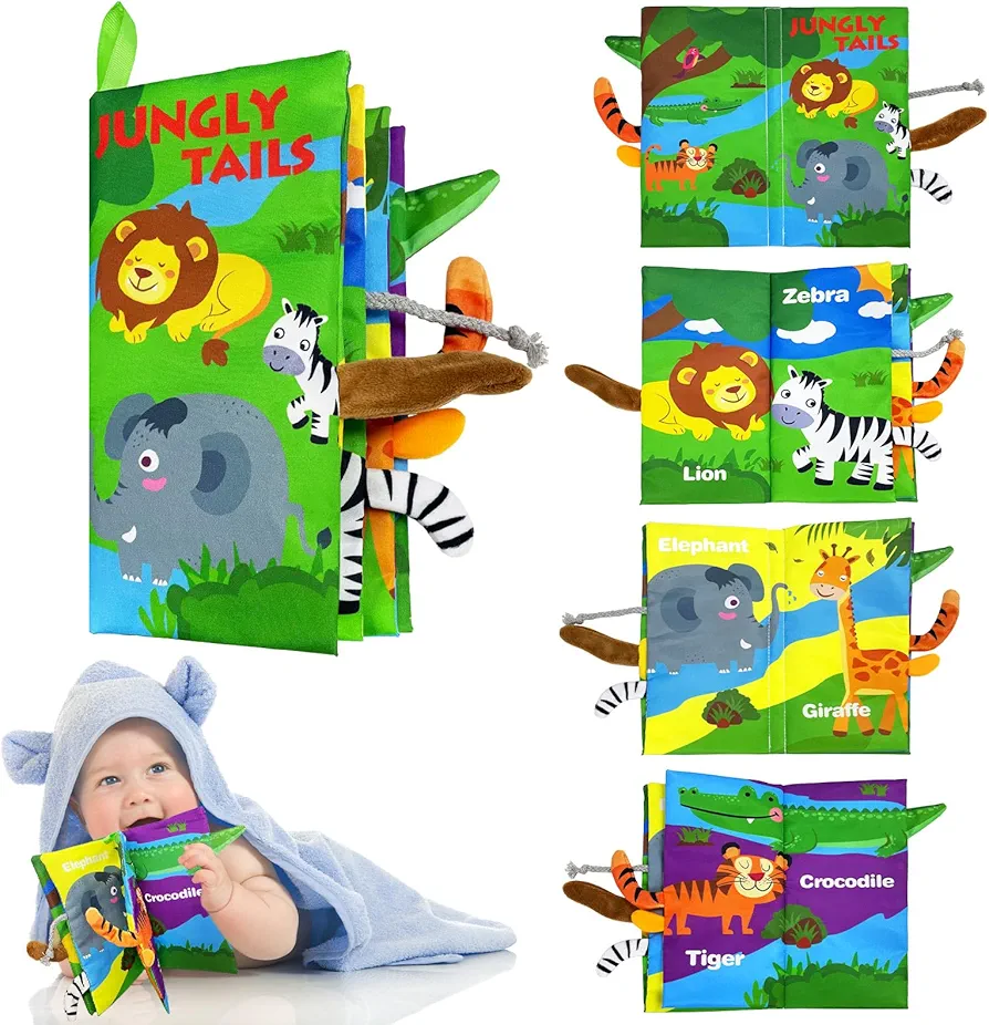 Baby Books Toys, Baby Toys 0-6 Months Infant Tummy Time Toys Baby Gifts Crinkle Cloth Book for Infant Early Development Interactive Stroller Soft Toys，Animal