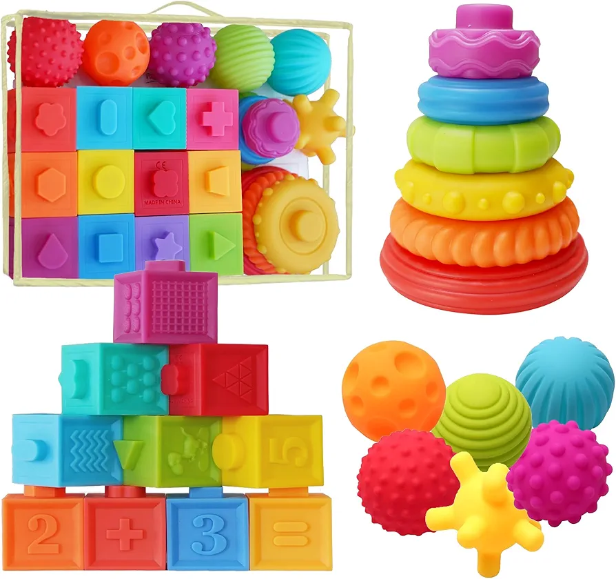 Montessori Silicone Teething Toys for Babies 6 Months + Sensory Developmental Educational Baby Toys Infants & Toddlers - Building Blocks, Stacking Rings, Sensory Balls - (24 Pieces)