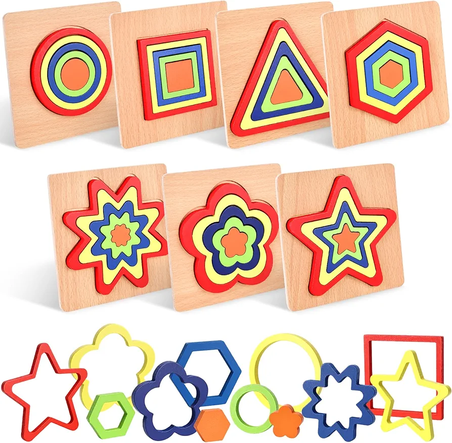 LovesTown 7 Sets Wooden Shape Sorting Puzzles, Toddler Puzzles Montessori Toys Preschool Wooden Sensory Toys