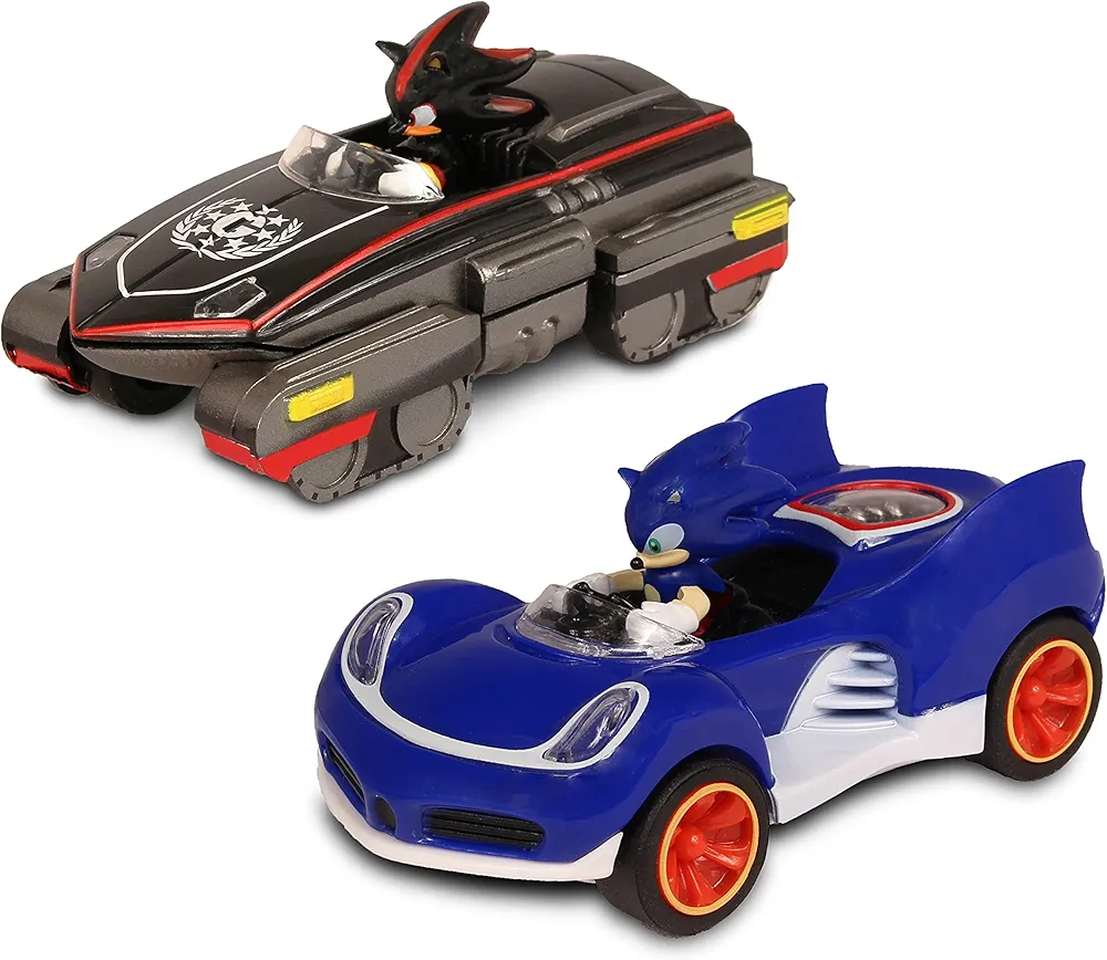 NKOK Sonic Transformed All-Stars Racing Pull Back Action: Shadow and Sonic Hedgehog, Two Vehicles, Video Game Legends, No Batteries Required, Pull Back – Release - and Watch it go