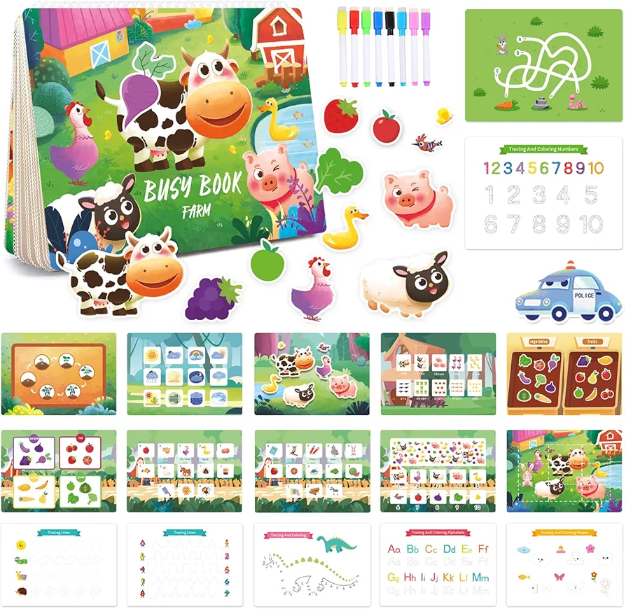 Farm Montessori Busy Book Learning Toys for 3 4 5 Year Old Toddler - Kids Preschool Learning Activities 20 Themes Activity Binder Early Educational Autism Sensory Travel Toys Gifts for Boys Girls