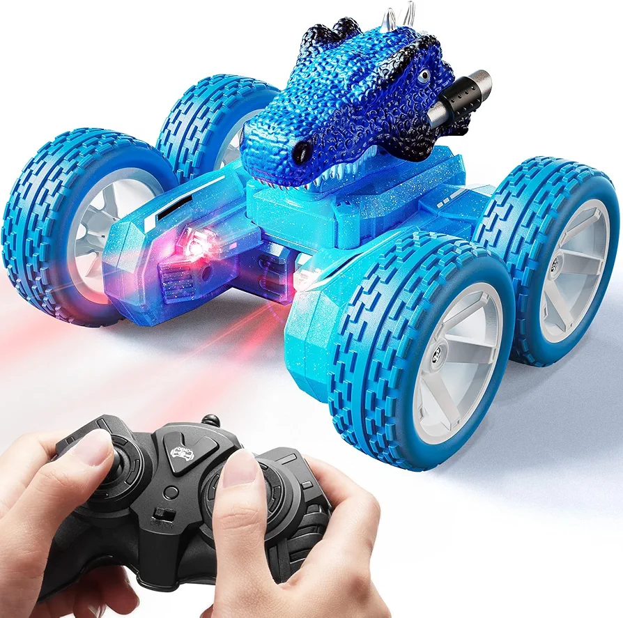 Dinosaur Remote Control Car,Stunt Car with One Key Demo,360°Rotation, Electric Hobby RC Car Toys Tyrannosaurus for 3 4 5 6 7 8 Year olds Kids Boys Girls-Blue