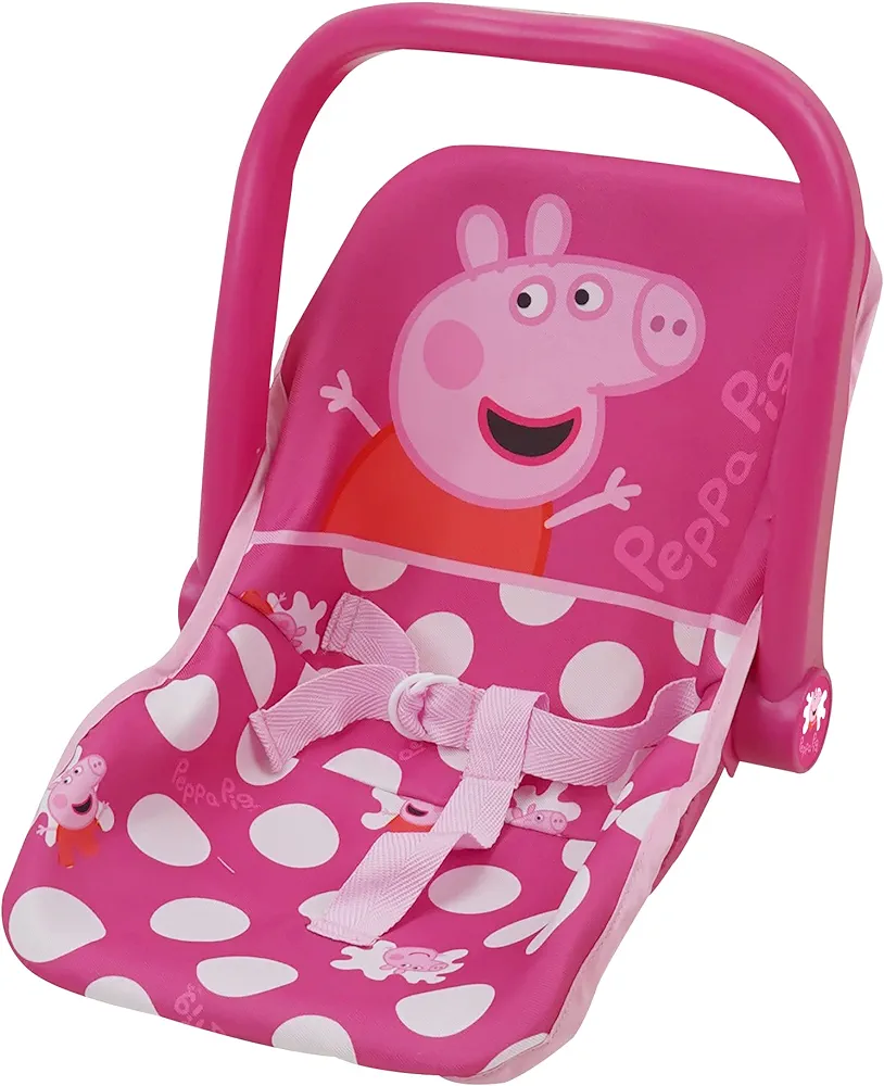 Peppa Pig: Baby Doll Car Seat - Pink & White Dots - Fits Dolls Up to 18" Convertible Into A Feeding Chair, Plastic Shell W/Fabric, Harness Belt, Pretend Play for Kids Ages 3+