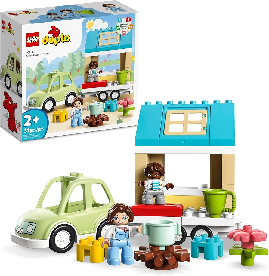 LEGO DUPLO Family House on Wheels 10986, Toy Car for Toddlers 2 Plus Years Old Boys and Girls, Preschool Learning Toys, Large Bricks Camping Set